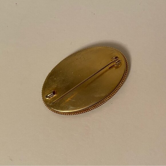 BROOCH PIN GOLD TONE VINTAGE OVAL VENETIAN MOSAIC FLORAL WHITE ORANGE RED GREEN - Picture 6 of 12